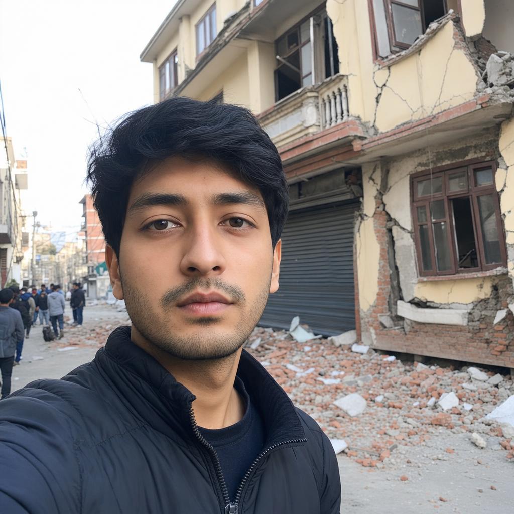 A resident photographing earthquake damage