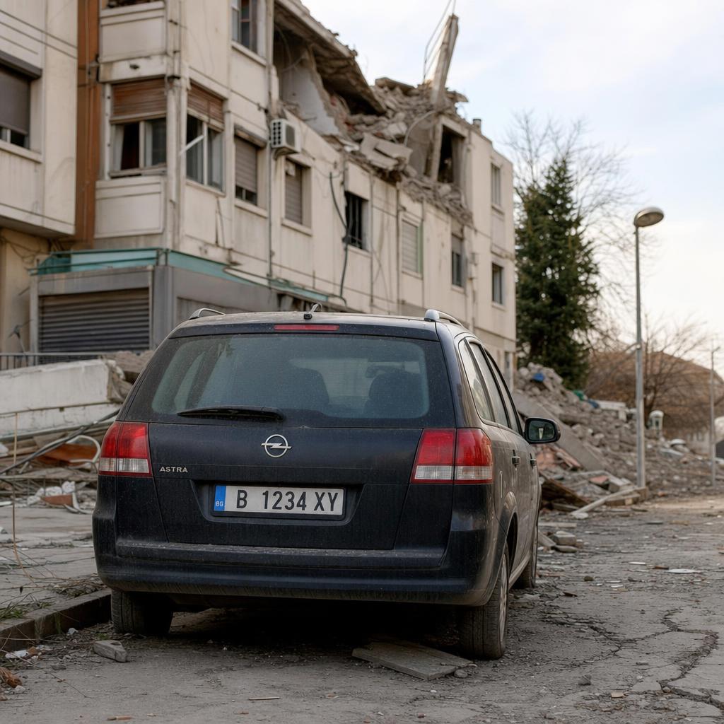 A car with a readable licence plate in front of damaged buildings